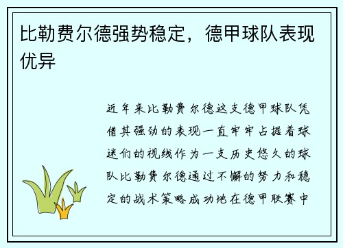 比勒费尔德强势稳定，德甲球队表现优异